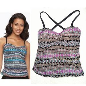 Ikat Print Tankini Top w/ Built in Bra size Medium 8 10 Ruching Jewel Tones